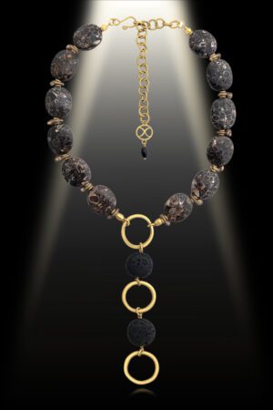 Duara Necklace with Kenya Brass Rings Black Lava and Turitella Agate