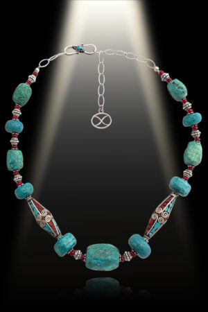 Laylani Necklace with Turquoise, Coral, Red Jade & Tibetan Silver Beads